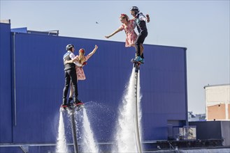 Harbour festival in Stuttgart. Spectacular jet ski and flyboard show on the Neckar. Stuttgart,