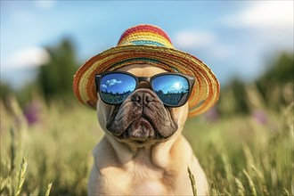 Cool fawn French Bulldog dog with sunglasses and summer straw hat in front of meadow. Generative