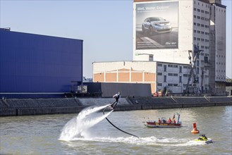 Harbour festival in Stuttgart. Spectacular jet ski and flyboard show on the Neckar. Stuttgart,