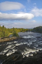 A river with rapids flows through a wooded landscape under a partly cloudy sky, Störlien, Jämtland,