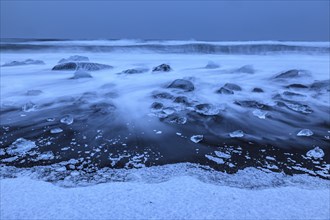 Ice floes, beach, sea, waves, cloudy, snow, Diamond Beach, Breidamerkursandur, Jökulsarlon,