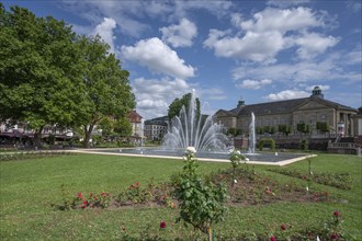 Large fountain in Luitpoldpark, behind the Luitpoldbad, Bad Kissingen, Lower Franconia, Bavaria,