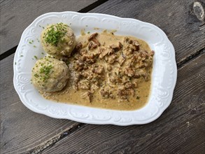 Bacon dumplings, chanterelles, mushroom cream sauce, on a plate, wooden table, food, Scena, Scena,