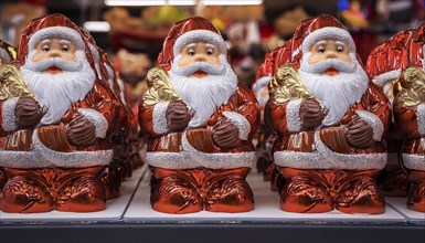 Symbol image for chocolate Santas wrapped in aluminium foil, cheerful looking Santas lined up on a