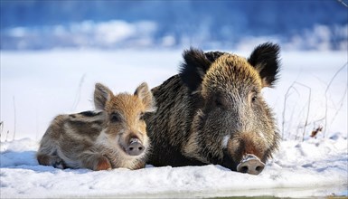 Female wild boar resting with young boar in the snow, AI generated, Studio, AI generated