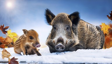 A wild boar and a young boar in winter, AI generated, Studio, AI generated