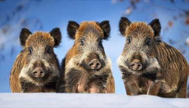 Three wild boars in winter, fresh boar, AI generated, studio, AI generated