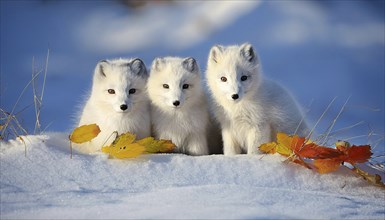 Three arctic foxes in the snow Arctic fox, snow fox, AI generated, Studio, AI generated