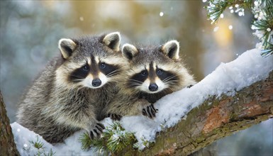 Two raccoons in winter, studio, AI generated, AI generated