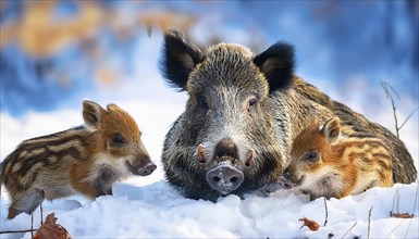 Female wild boar resting with young boar in the snow, AI generated, Studio, AI generated