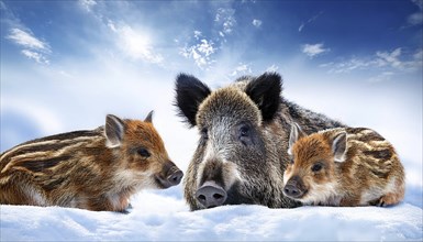 A wild boar and two young boars in winter, AI generated, studio, AI generated