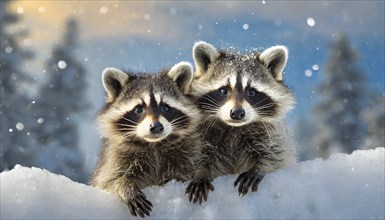 Two raccoons in winter, studio, AI generated, AI generated