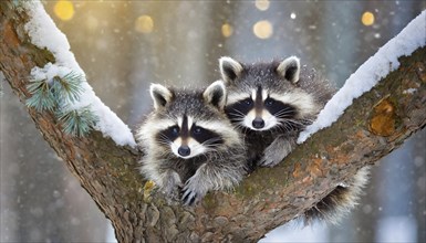 Two raccoons in winter, studio, AI generated, AI generated