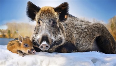 A wild boar and a young boar in winter, AI generated, Studio, AI generated