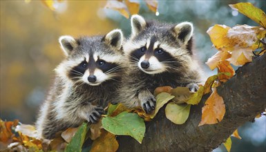 Two raccoons in winter, studio, AI generated, AI generated