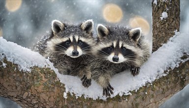 Two raccoons in winter, studio, AI generated, AI generated