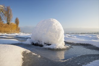 Snow globe on the ice of a frozen lake, Seegarten, Allensbach, Lake Constance, Baden-Württemberg,