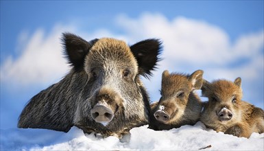 A wild boar and two young boars in winter, AI generated, studio, AI generated