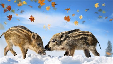 Two wild boars in winter, fresh boar, AI generated, studio, AI generated