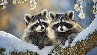 Two raccoons in winter, studio, AI generated, AI generated