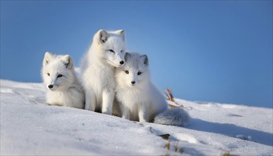 Three arctic foxes in the snow, one fawn and two pups, arctic fox, arctic fox, arctic fox, snow