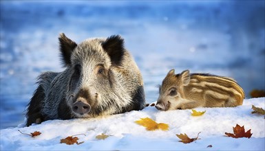 A wild boar and a young boar in winter, AI generated, Studio, AI generated