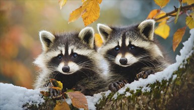 Two raccoons in winter, studio, AI generated, AI generated