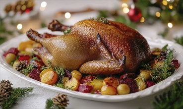 A large roasted turkey is on a white plate with a variety of vegetables and fruit. The turkey is