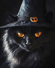 A large fluffy black cat with glowing amber eyes, wearing a tall witch's hat AI generated