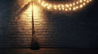 A minimalist witch's broom adorned with warm glowing garlands, against a simple brick wall AI