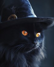 A fluffy black cat, glowing orange eyes, wearing a wide-brimmed witch's hat AI generated