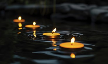 Multiple candles floating gently on a dark lake AI generated