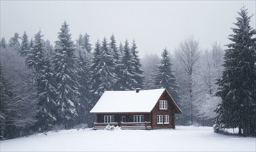 A small cabin in the woods is covered in snow. The cabin is surrounded by trees and the snow is