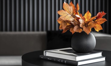 Sleek black table with a couple of books and a vase filled with autumn foliage AI generated