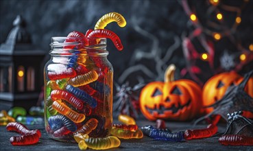 A glass jar filled with Halloween-themed gummy worms, surrounded by spooky Halloween decorations AI