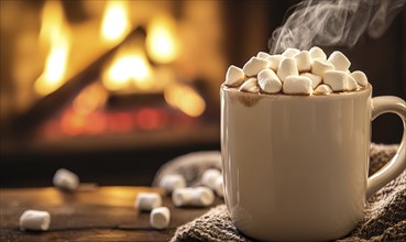 A mug of hot chocolate with marshmallows on top sits on a table next to a fireplace. The scene