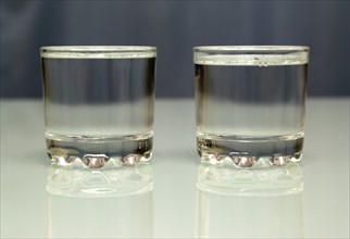 Two glasses filled with vodka standing on a glass table