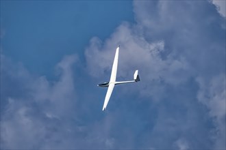 Glider plane flying in the clouds