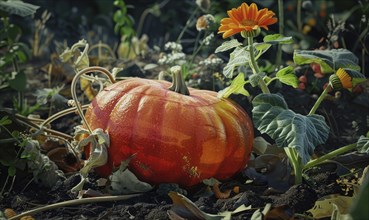 A close-up of a pumpkin vine with a focus on a single large pumpkin AI generated