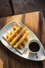 Famous spanish churros with chocolate traditional spain sweet tapa breakfast