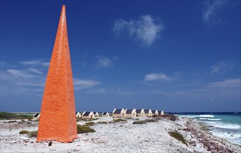 Slave huts Red Slaves and red obelisk, Netherlands Antilles, Bonaire