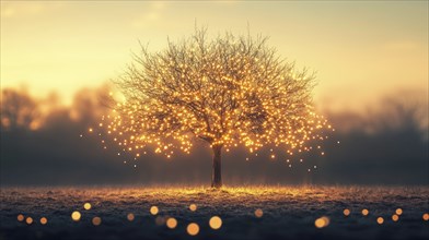 Bare autumn tree covered in glowing lights, sunset sky in the background AI generated