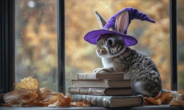 A spotted rabbit wearing a purple hat sitting near a stack of spell books AI generated