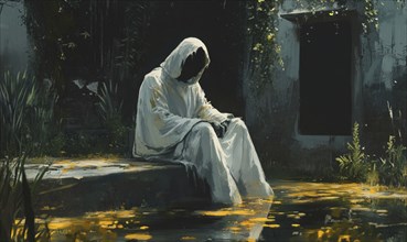 Illustration of a mysterious person in white robe siting on the stone AI generated