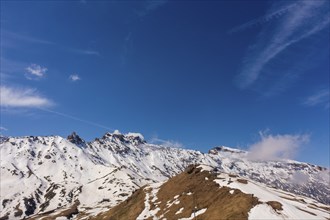 Panoramic view from the Seiser Alm to the Dolomites in Italy, drone shot