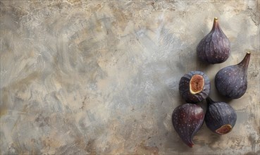 Several whole figs and one cut fig arranged on a neutral rustic background creating an earthy feel