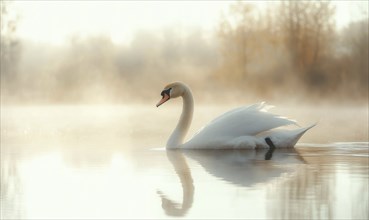 White swan gliding across a reflective pond AI generated