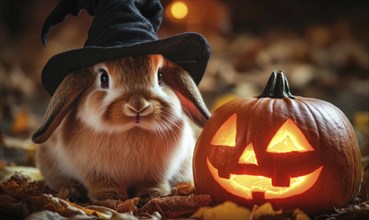 A fluffy rabbit with long ears, donning a black hat sitting next to a glowing pumpkin AI generated