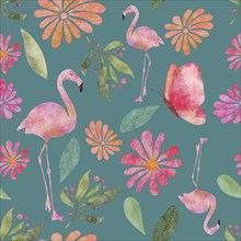 Seamless watercolor pattern illustration with butterflies, flamingos, flowers and leaves on dark