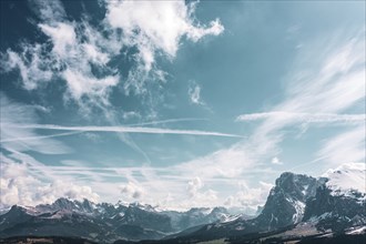 Panoramic view from the Seiser Alm to the Dolomites in Italy, drone shot